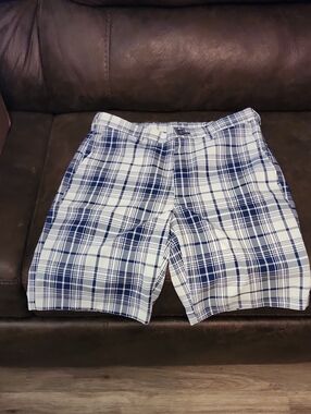Men's Blue & White Plaid Flat Front Shorts